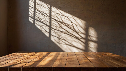 Wall Mural - empty dark wooden table with abstract light from leaf shadow on the wall