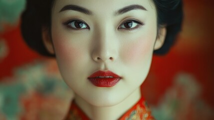 Poster - Close-up portrait of a young woman with red lipstick and dark hair