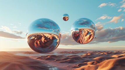 Wall Mural - there are two shiny spheres floating in the air over a desert