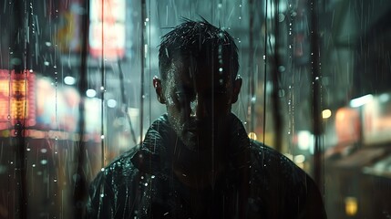 Wall Mural - there is a man standing in the rain in the city