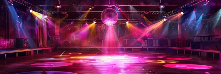 A large dance floor with bright lights and a disco ball