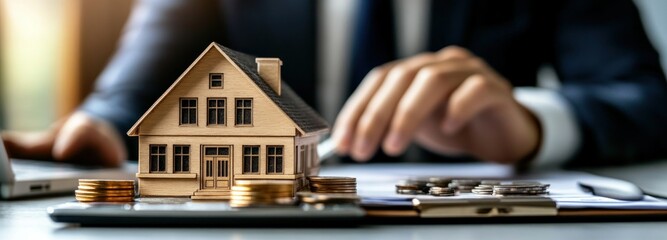 Poster - Wooden House Model with Coins on a Clipboard