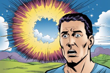 Comic Style Explosion with Shocked Character Expression