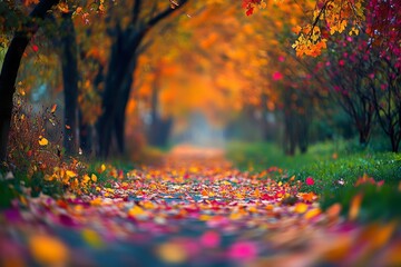 Wall Mural - In a park with paths and benches, people walk in nature in golden autumn.