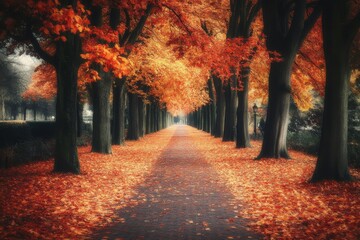 Wall Mural - A golden autumn in a park with paths and benches, people walking among the trees.