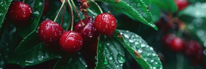 Canvas Print - Blurry red cherries adorned with dew and raindrops on a branch surrounded by green foliage