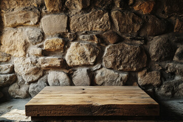 Wall Mural - A rustic wooden podium with visible grain and natural textures, placed in front of a stone wall background with warm, natural light.