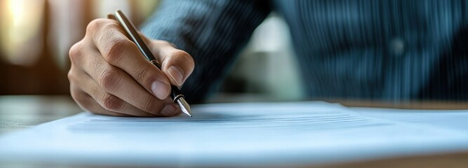 Wall Mural - Close-up of a Hand Holding a Fountain Pen and Signing a Document