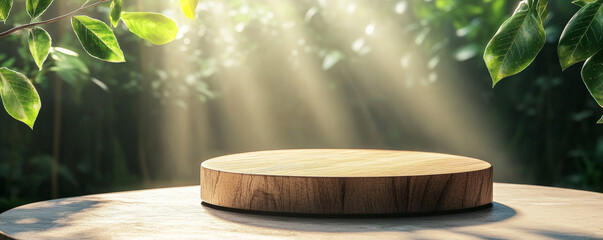 Wall Mural - A wooden podium with a warm, natural tone, standing on a polished stone floor with a nature-inspired background of green leaves and sunlight.