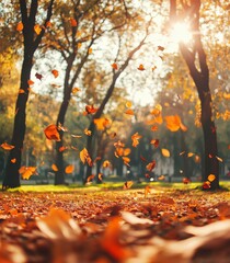 Wall Mural - A park in autumn with yellow fallen leaves flying in the wind. Idyllic scene in the afternoon.