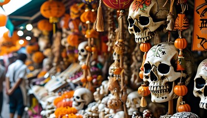 Sticker - Lively market filled with colorful sugar skulls, papel picado banners, and festive decorations celebrating the vibrant spirit of the Ghost Festival