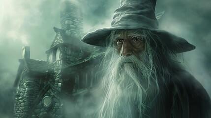 Wall Mural - old wizard in the fog.