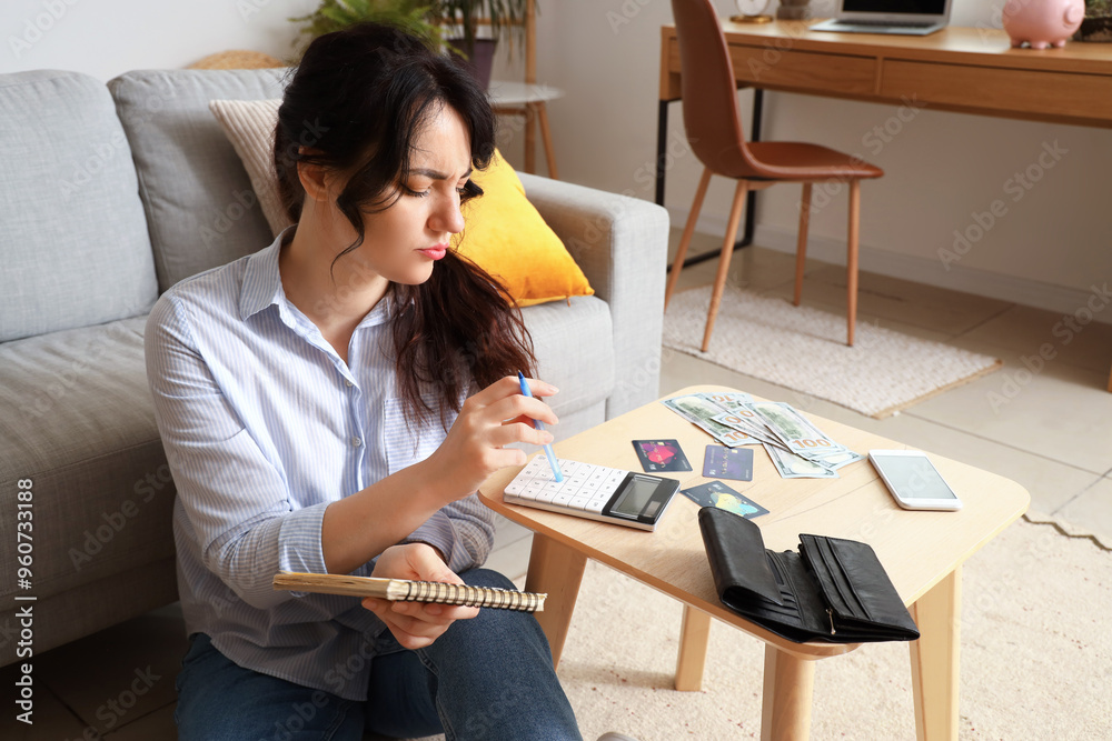 Young woman planning budget at home