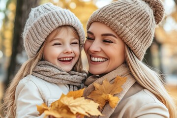 In autumn, a mom and her child enjoy time in a city park