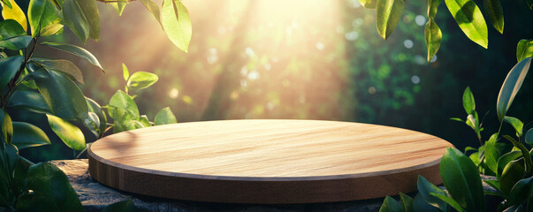 Wall Mural - A wooden podium with a warm, natural tone, standing on a polished stone floor with a nature-inspired background of green leaves and sunlight.