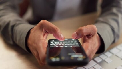 Aufkleber - Phone, hands typing and business person with text message, email or office feedback. Mobile, screen closeup and writing on chat app for project update, info or salesman on social media for networking