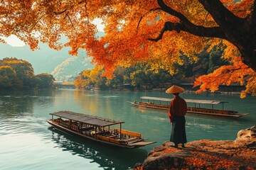 Wall Mural - Travel boat on the river in Kyoto with autumn season background