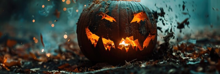 Sticker - Close-up of a carved pumpkin being emptied