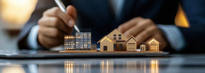 Poster - Miniature Wooden Houses and Skyscraper on a Desk