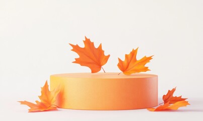 Poster - Stand with a circle ground and maple leaf in orange, red, and yellow colors. Thanksgiving platform presentation, autumn of autumn thanksgiving platform presentation, and beautiful nature minimal
