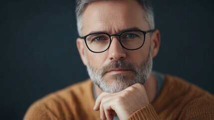 Aufkleber - A man with glasses rests his chin on his hand, displaying a serious expression while lost in thought in a softly lit space. Generative AI