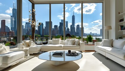 Stylish living room with expansive city skyline view bathed in sunlight and adorned with chic white furniture and modern decor