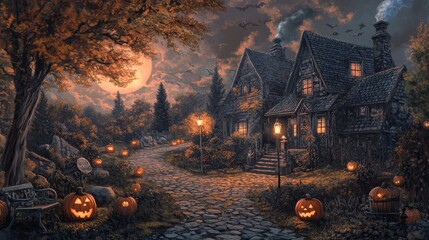 Animated halloween background with pumpkins and haunted house. Halloween background with Evil Pumpkin. Spooky scary night forest. Background concept for a horror holiday event.