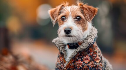 Wall Mural - A dog is wearing a sweater and looking at the camera