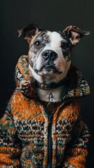 Wall Mural - A dog is wearing a jacket and scarf and has its eyes closed