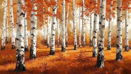 Printed wall art of horizontal autumn landscape with birch grove in oil paint