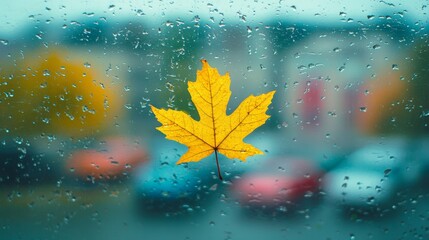 Wall Mural - Outside the window, rain drops are falling on the glass, and autumn leaves are stuck to it.