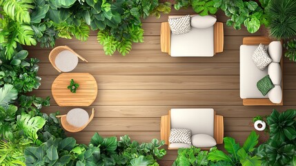 Patio, lounging deck, backyard garden with vegetation, and elevated seating area. A wooden floor, sofa, chairs, table, and greenery adorn this modern eco-style interior. flat vector illustration.