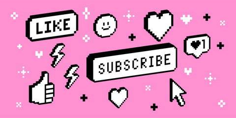 Fototapete - Y2k collage sticker set in 3D pixel art. Smile face, Like, Thumb up, Heart, Subscribe button. Game abstract elements. Geometric simple shapes. Mood of 90's. Retro trendy brutal style