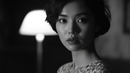 Poster - A Woman's Portrait in Black and White with a Lamp in the Background