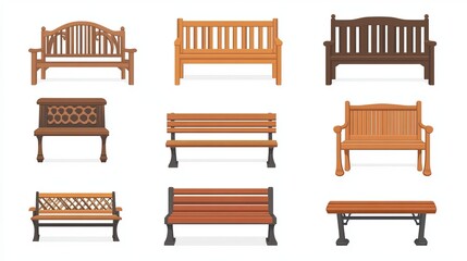 a collection of different park and garden seats. benches made of wood and wicker are landscape featu