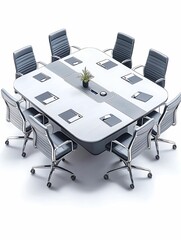 Wall Mural - Modern Boardroom Interior with Isometric View of Large Table and Chairs in Color Pencil Style on Light Pastel Background