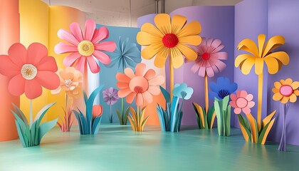 Colorful giant paper flower garden installation with vibrant blooms and greenery in a bright indoor space