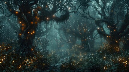 Wall Mural - A dark, enchanted forest with twisted trees and glowing, otherworldly lights scattered throughout the misty undergrowth