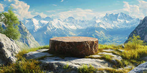 A rustic stone podium with natural textures, standing in a serene mountain landscape with a clear blue sky and distant snow-capped peaks.