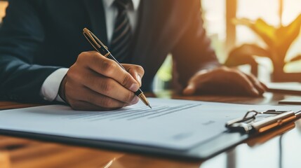 Poster - Close-up of a Hand Signing a Document with a Gold Pen