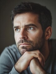 Aufkleber - A man with a serious demeanor rests his chin on his hands, lost in thought as he reflects on his life choices indoors. Generative AI