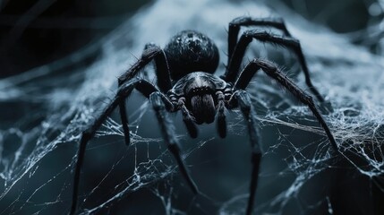 Black spider and torn web Scary spiderweb of halloween symbol