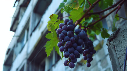 A cluster of fresh purple grapes with water droplets hanging on a vine with a blurred urban building in the background