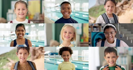 Fototapete - Collage, face and children for school, education and learning with smile, backpack and excited people. Montage, portrait and students for study, development and classroom diversity with childhood