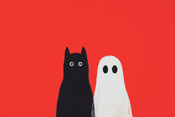 Black cat and white ghost halloween celebration on a red backdrop, ideal for cards and party decor