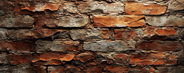 Wall Mural - A weathered, red brick wall with rough, uneven surfaces, with warm natural light highlighting the texture.