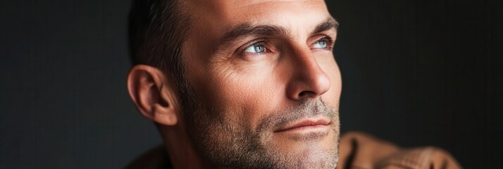 Aufkleber - A man reflects deeply, his serious expression and focused gaze hinting at contemplation in a softly lit setting. Generative AI
