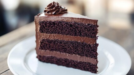 A slice of chocolate cake on a white plate