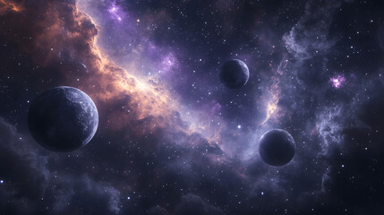 Wall Mural - planets orbiting distant star with cosmic clouds and galaxies