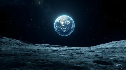 Wall Mural - earth viewed from the moon with glowing blue planet in dark sky